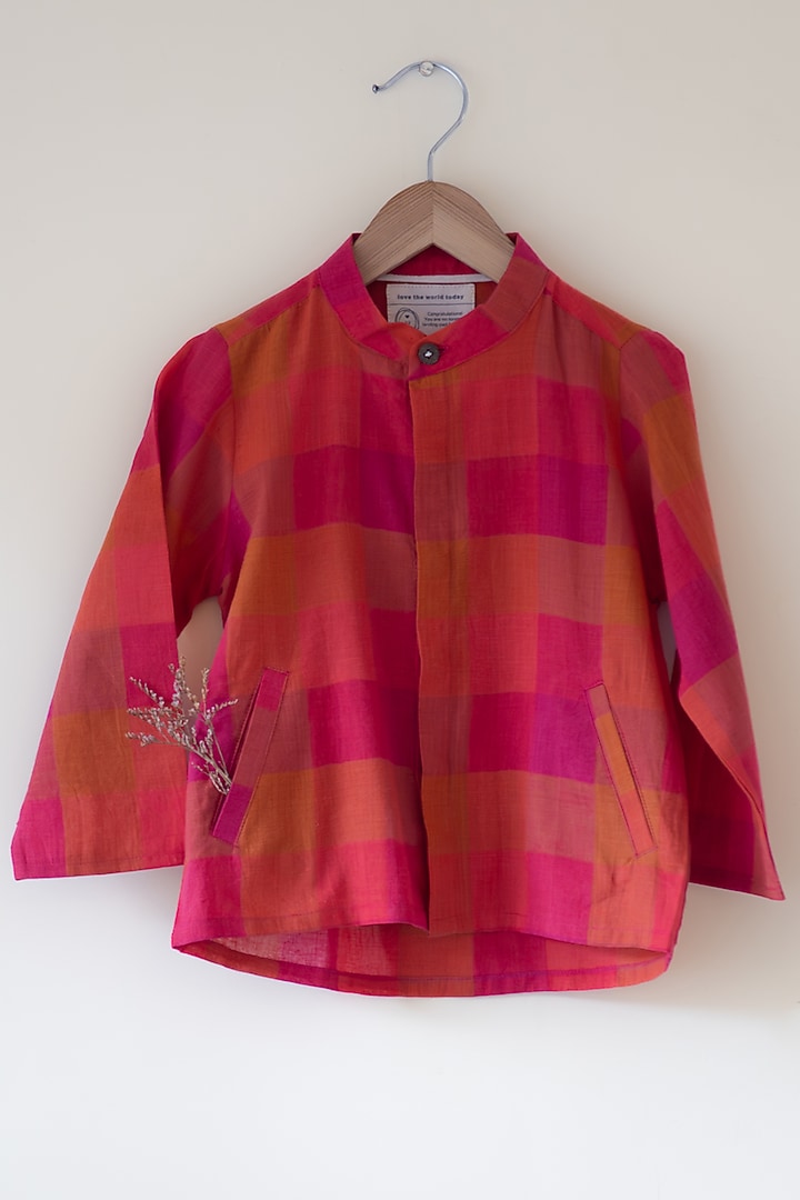 Pink & Orange Handwoven Cotton Checkered Jacket Shirt For Boys by Love the World Today at Pernia's Pop Up Shop