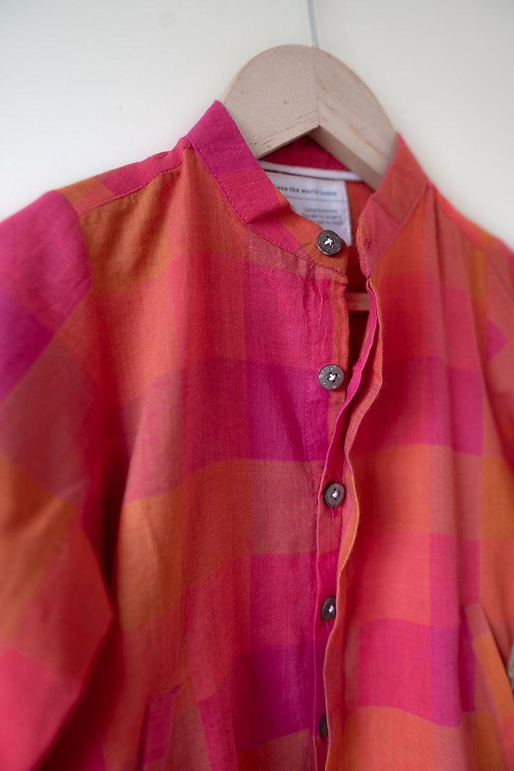 Pink & Orange Handwoven Cotton Checkered Jacket Shirt For Boys by Love the World Today at Pernia's Pop Up Shop