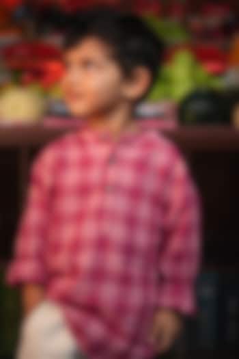 Pink Handwoven Cotton Checkered Kurta For Boys by Love the World Today