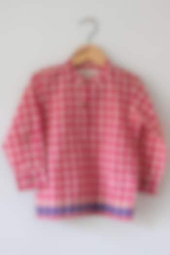 Pink Handwoven Cotton Silk Checkered Kurta For Boys by Love the World Today