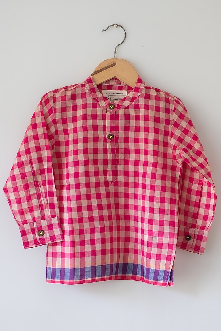 Pink Handwoven Cotton Silk Checkered Kurta For Boys by Love the World Today