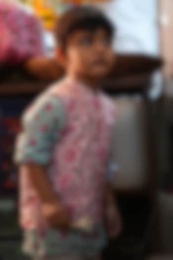 Pink Cotton Hand Block Printed Bundi Jacket With Kurta For Boys by Love the World Today