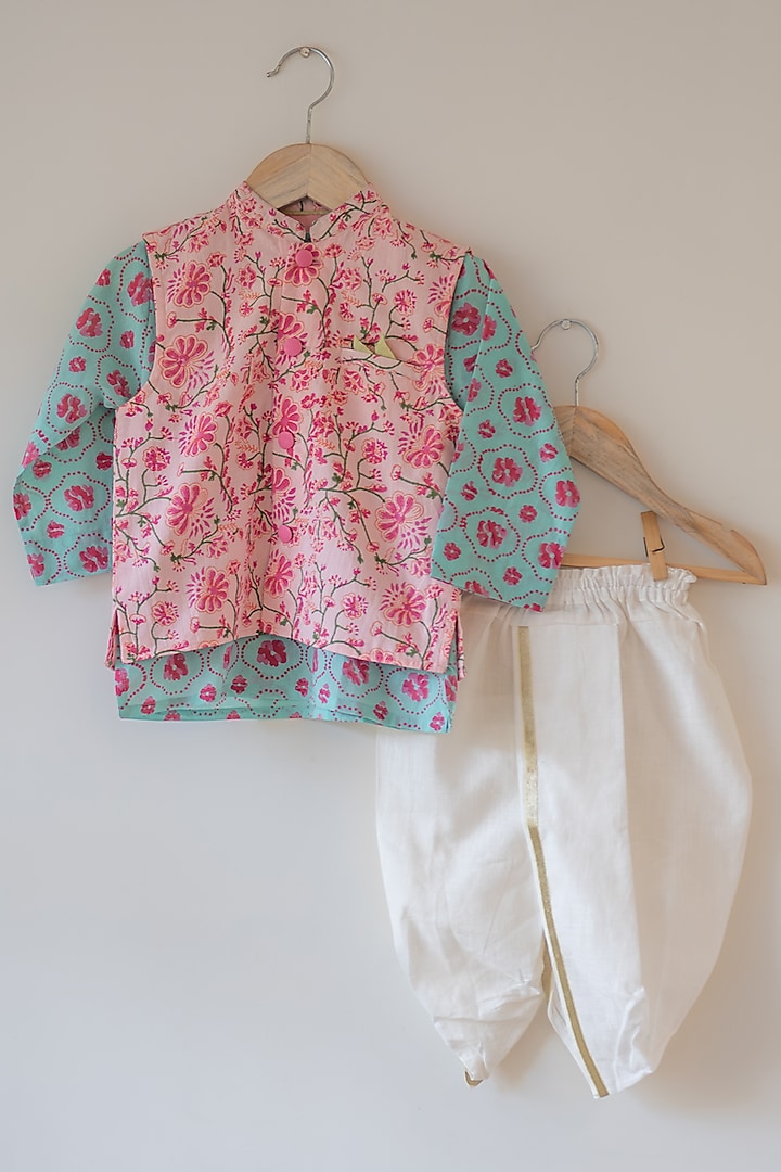 Pink Cotton Hand Block Printed Bundii Set For Boys by Love the World Today