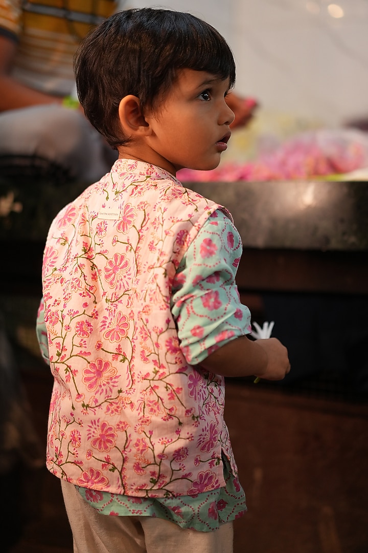 Pink Cotton Hand Block Printed Bundii Set For Boys by Love the World Today at Pernia's Pop Up Shop