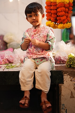Pink Cotton Hand Block Printed Bundii Set For Boys by Love the World Today