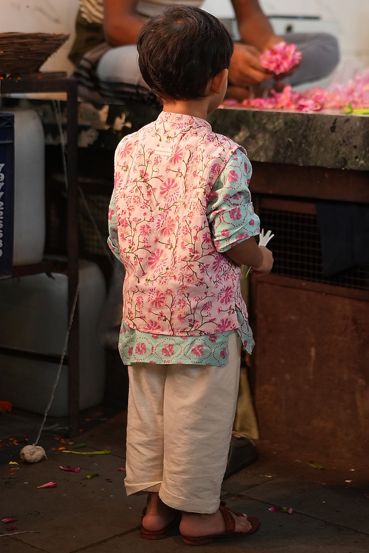 Pink Cotton Hand Block Printed Bundii Set For Boys by Love the World Today at Pernia's Pop Up Shop