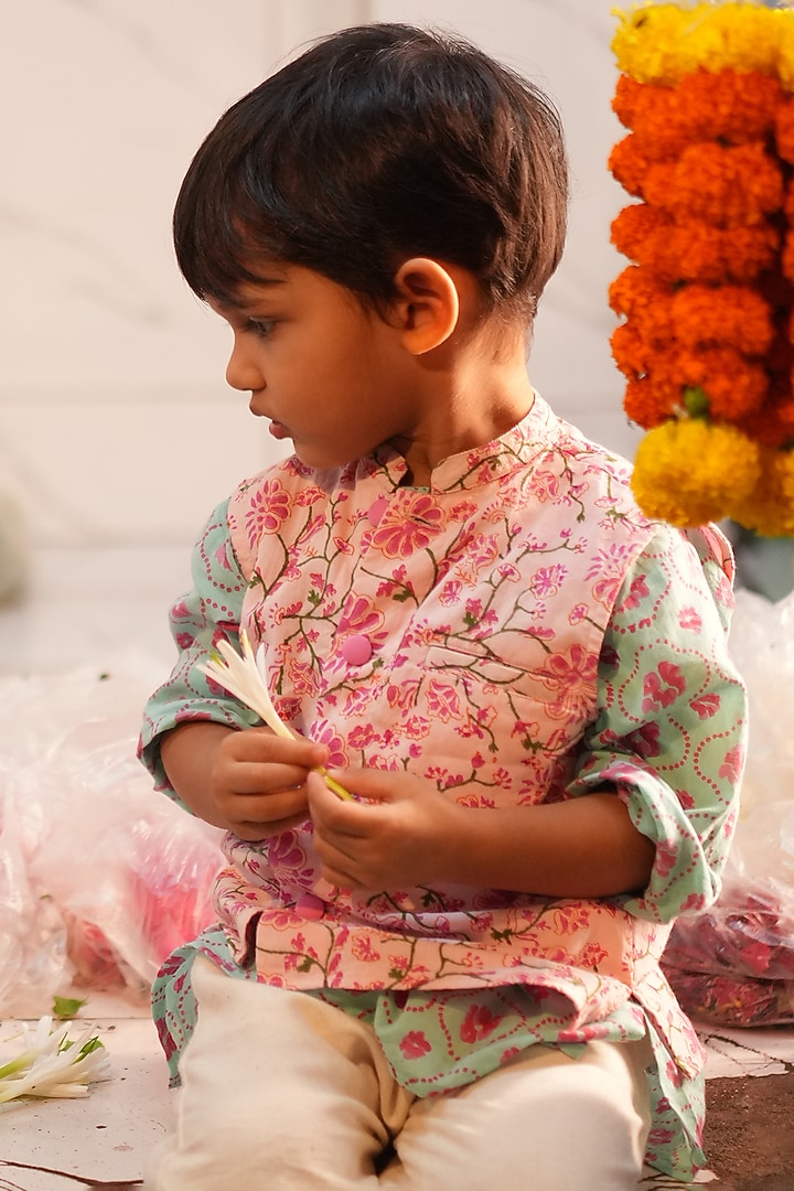 Pink Cotton Hand Block Printed Bundii Set For Boys by Love the World Today at Pernia's Pop Up Shop