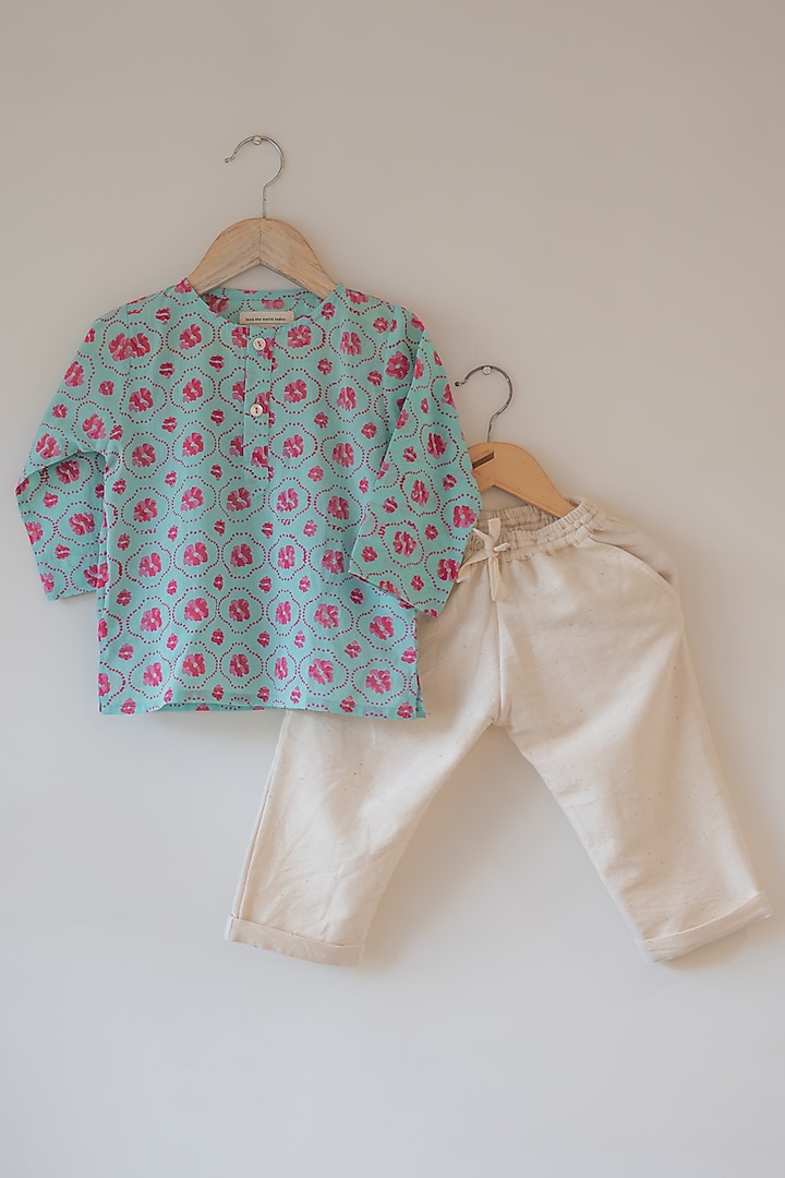 Blue Cotton Hand Block Printed Kurta Set For Boys by Love the World Today