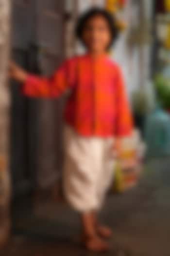 Red Handwoven Cotton Checkered Kurta Set For Boys by Love the World Today