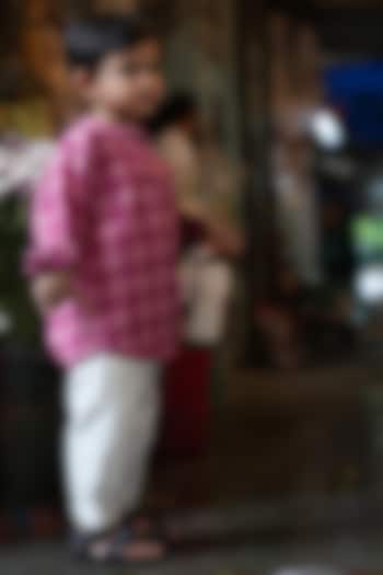 Pink Handwoven Cotton Checkered Kurta Set For Boys by Love the World Today