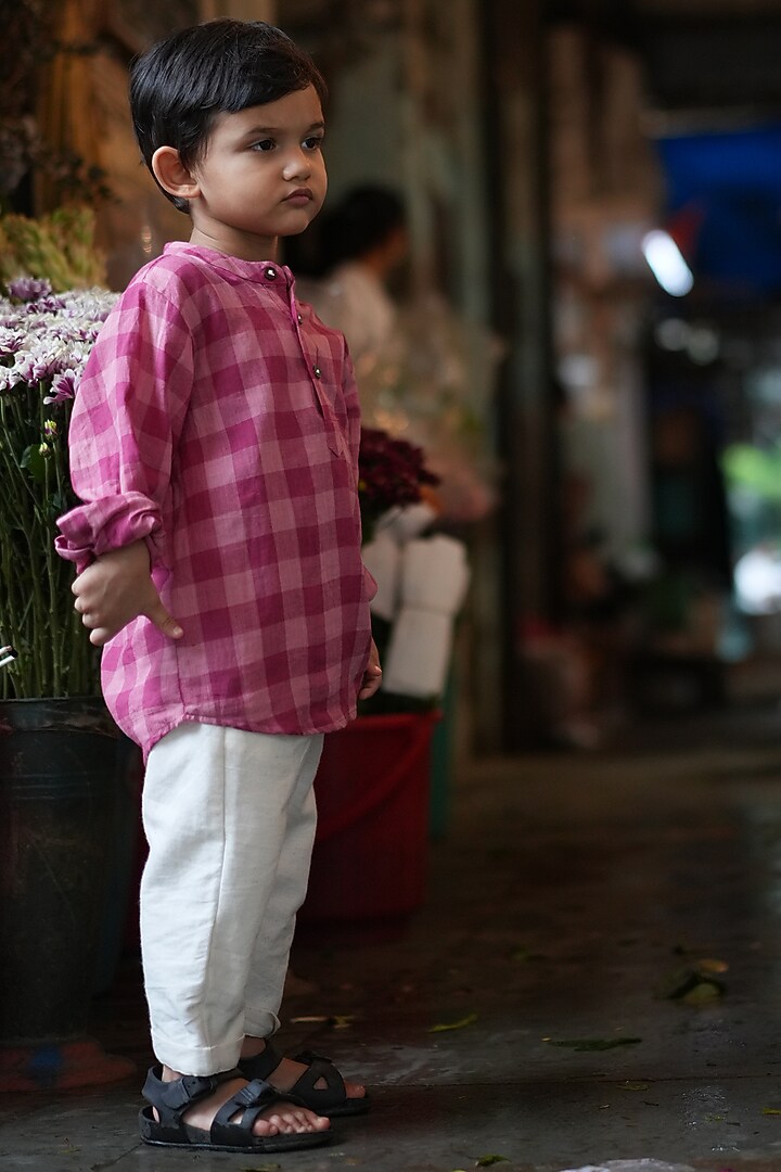 Pink Handwoven Cotton Checkered Kurta Set For Boys by Love the World Today