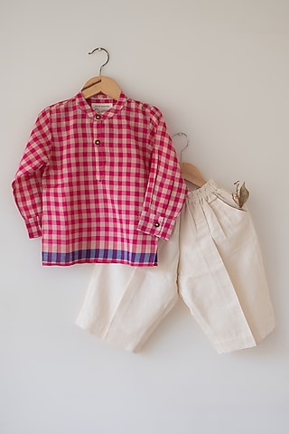 Off-White Handwoven Cotton Pant Set For Boys by Love the World Today