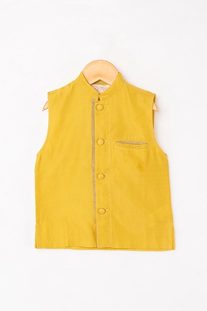 Yellow Handwoven Nehru Jacket For Boys by Love the World Today