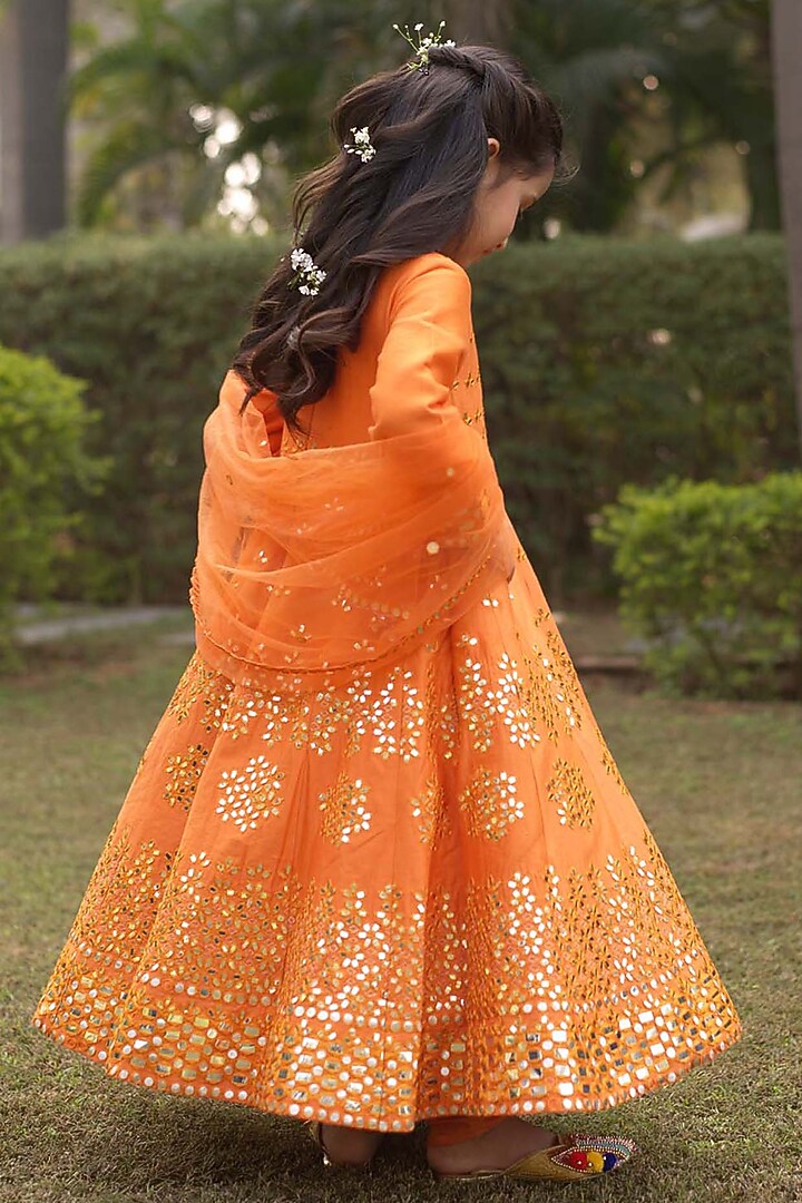 Orange Raw Silk Mirror Embroidered Anarkali Set For Girls by Alyaansh Couture at Pernia's Pop Up Shop