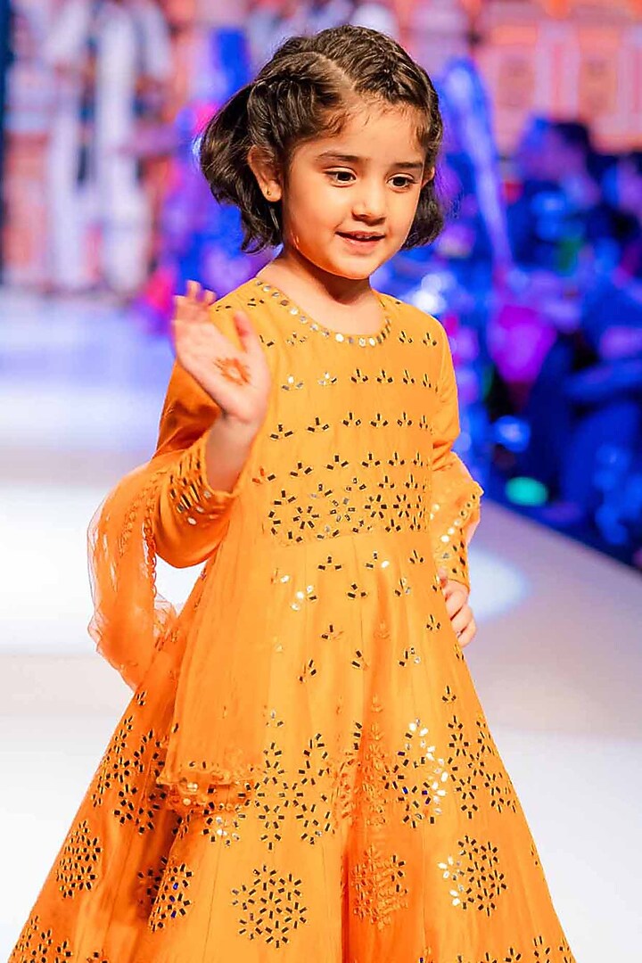 Orange Raw Silk Mirror Embroidered Anarkali Set For Girls by Alyaansh Couture at Pernia's Pop Up Shop