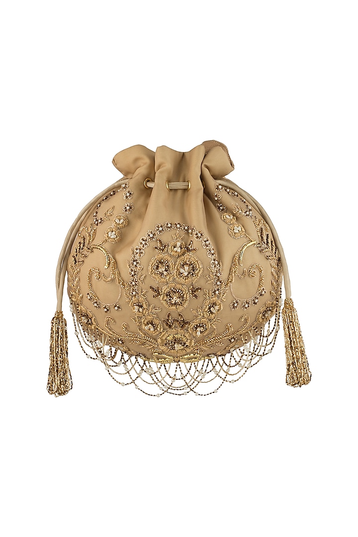 Gold Embroidered Tasseled Potli Bag by Lovetobag
