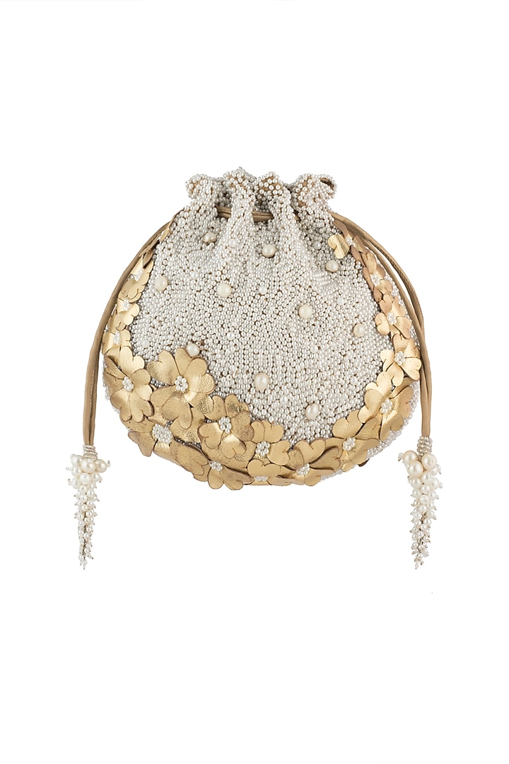 Gold & Ivory Embroidered Potli Bag by Lovetobag