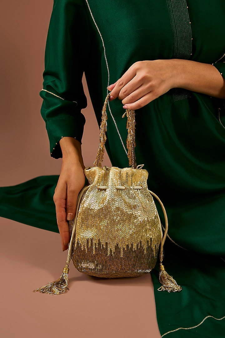 Gold Hand Embroidered Potli by Lovetobag at Pernia's Pop Up Shop