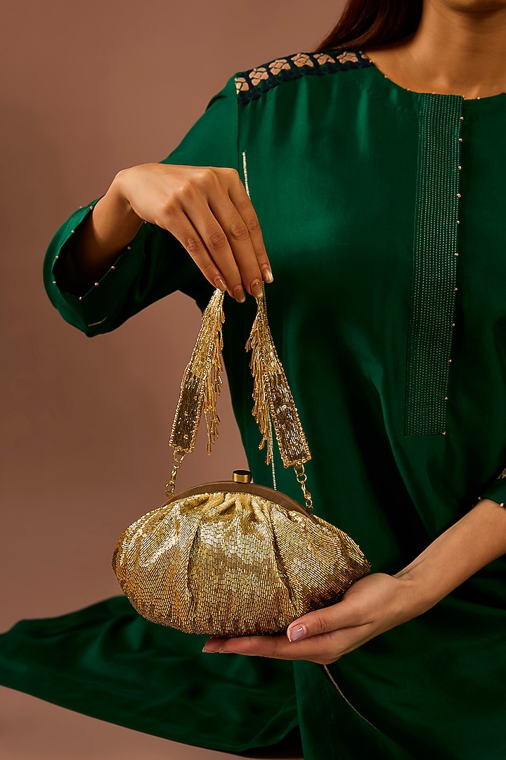 Gold Hand Embroidered Pouch by Lovetobag at Pernia's Pop Up Shop