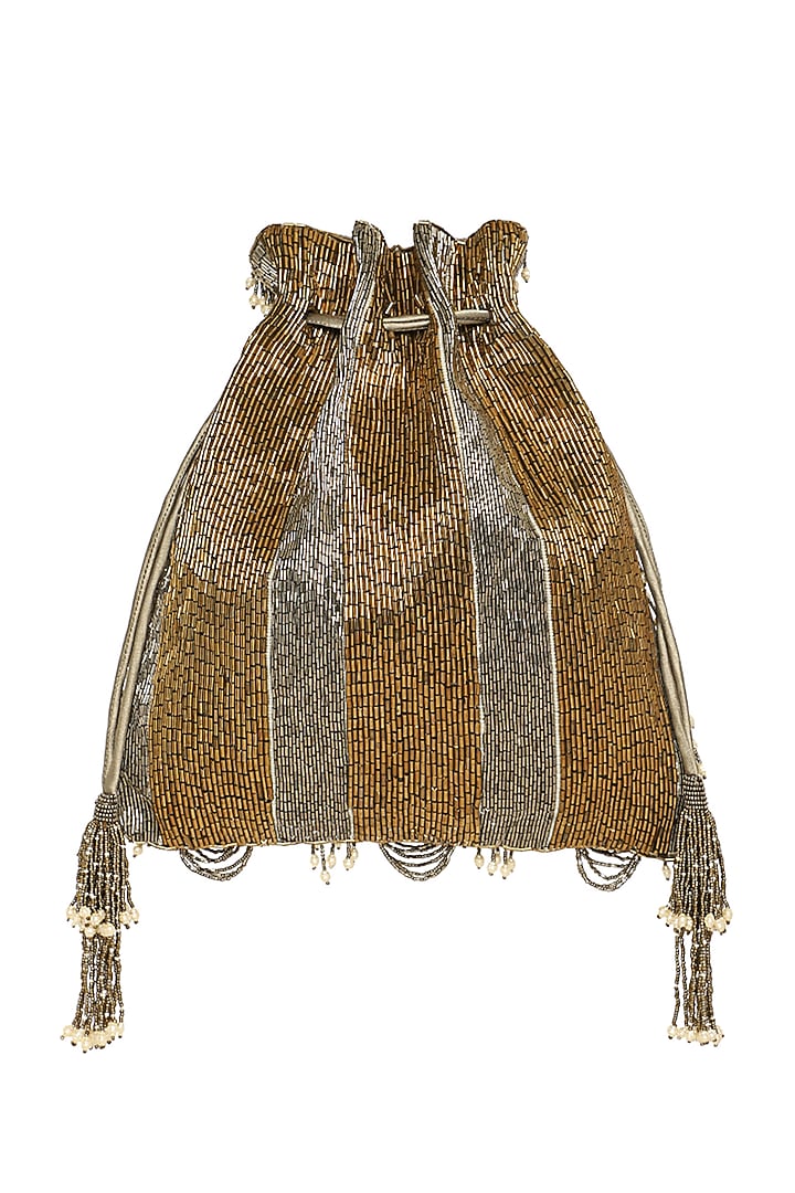 Antique Gold Embroidered Potli With Fringe by Lovetobag at Pernia's Pop Up Shop