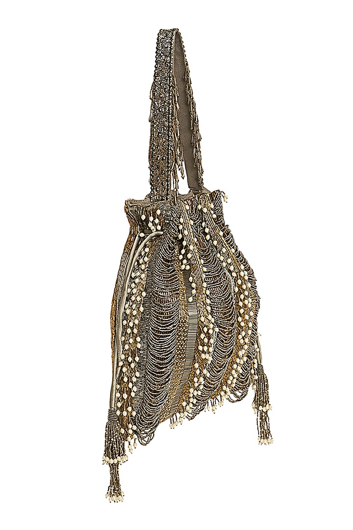 Antique Gold Embroidered Potli With Fringe by Lovetobag at Pernia's Pop Up Shop