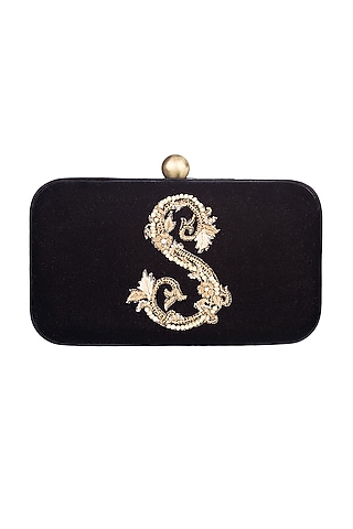 Black Embroidered Calligraphy Box Clutch by Lovetobag