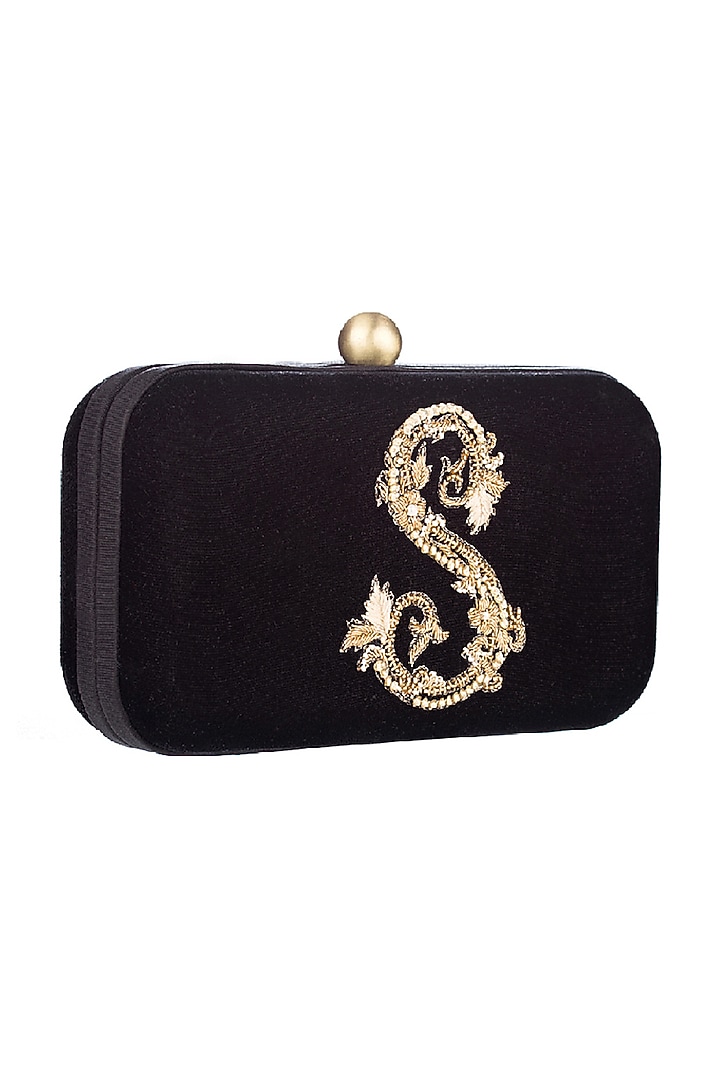 Black Embroidered Calligraphy Box Clutch by Lovetobag at Pernia's Pop Up Shop