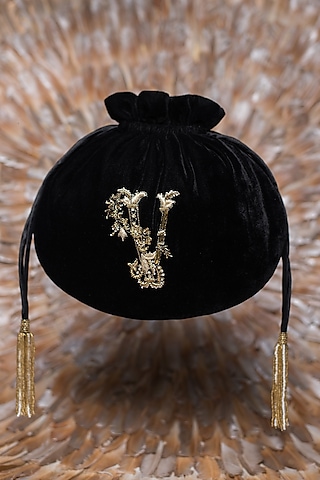Black Embroidered Calligraphy Potli With Drawstrings by Lovetobag