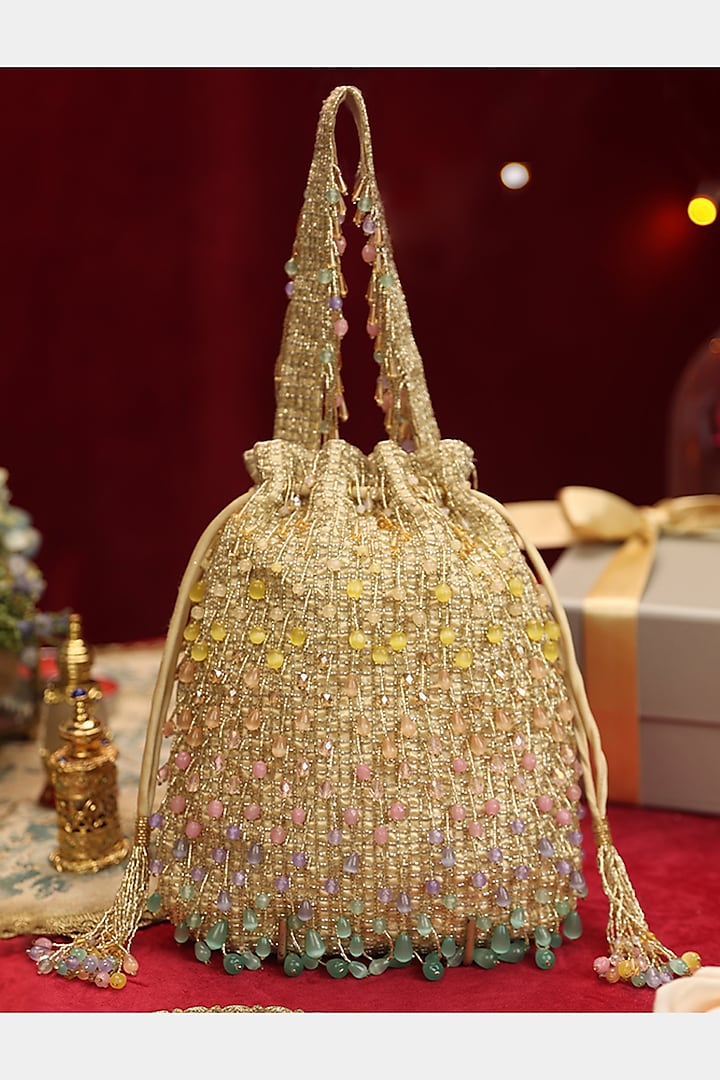 Gold Embroidered Potli With Handle by Lovetobag