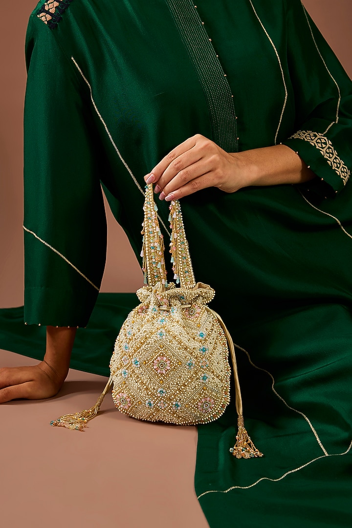 Multi-Colored Satin Hand Embroidered Potli by Lovetobag at Pernia's Pop Up Shop