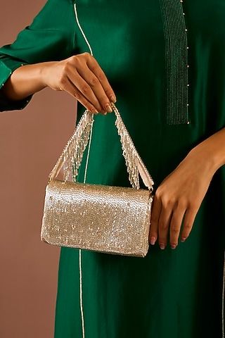 Rose Gold Satin Flapover Clutch by Lovetobag