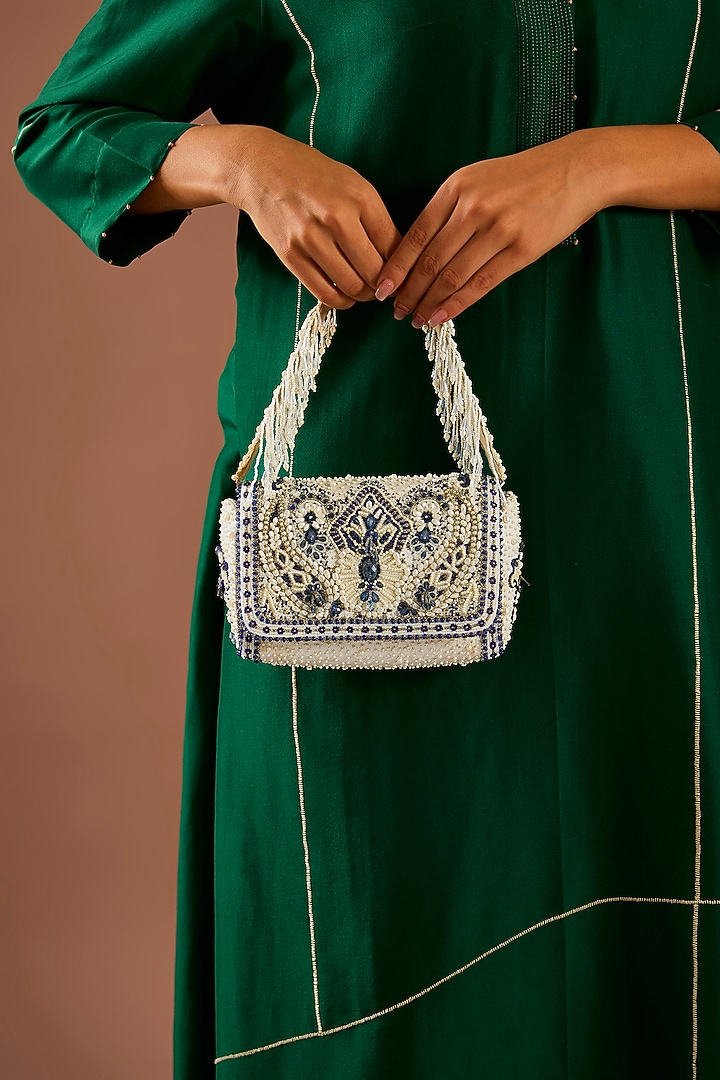 Ivory & Lapis Blue Satin Hand Embroidered Flapover Clutch by Lovetobag at Pernia's Pop Up Shop
