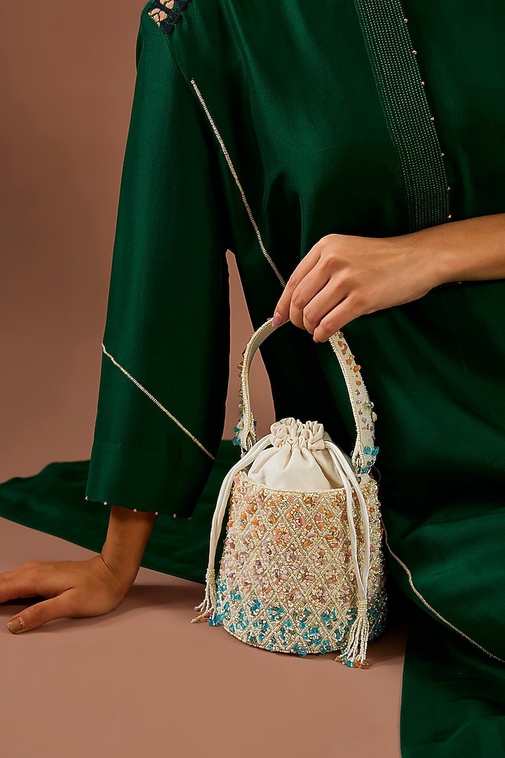 Multi-Colored Ombre Satin Pearl Embellished Bucket Bag by Lovetobag at Pernia's Pop Up Shop