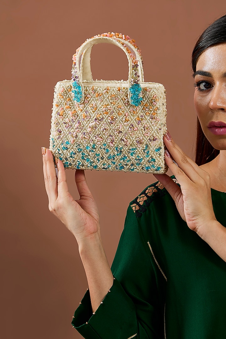 Multi-Colored Ombre Satin Pearl Embellished Bucket Bag by Lovetobag at Pernia's Pop Up Shop