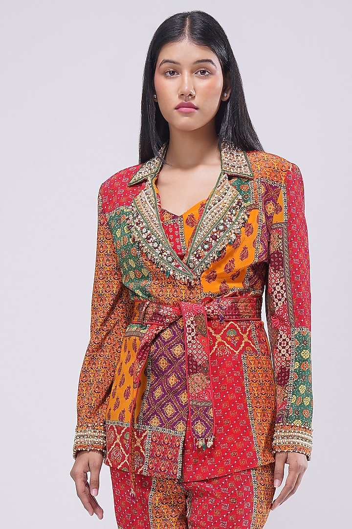 Multi-Colored Crepe Printed & Embellished Blazer by Lovetobag Apparel at Pernia's Pop Up Shop
