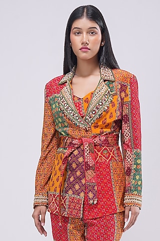 Multi-Colored Crepe Printed & Embellished Blazer by Lovetobag Apparel