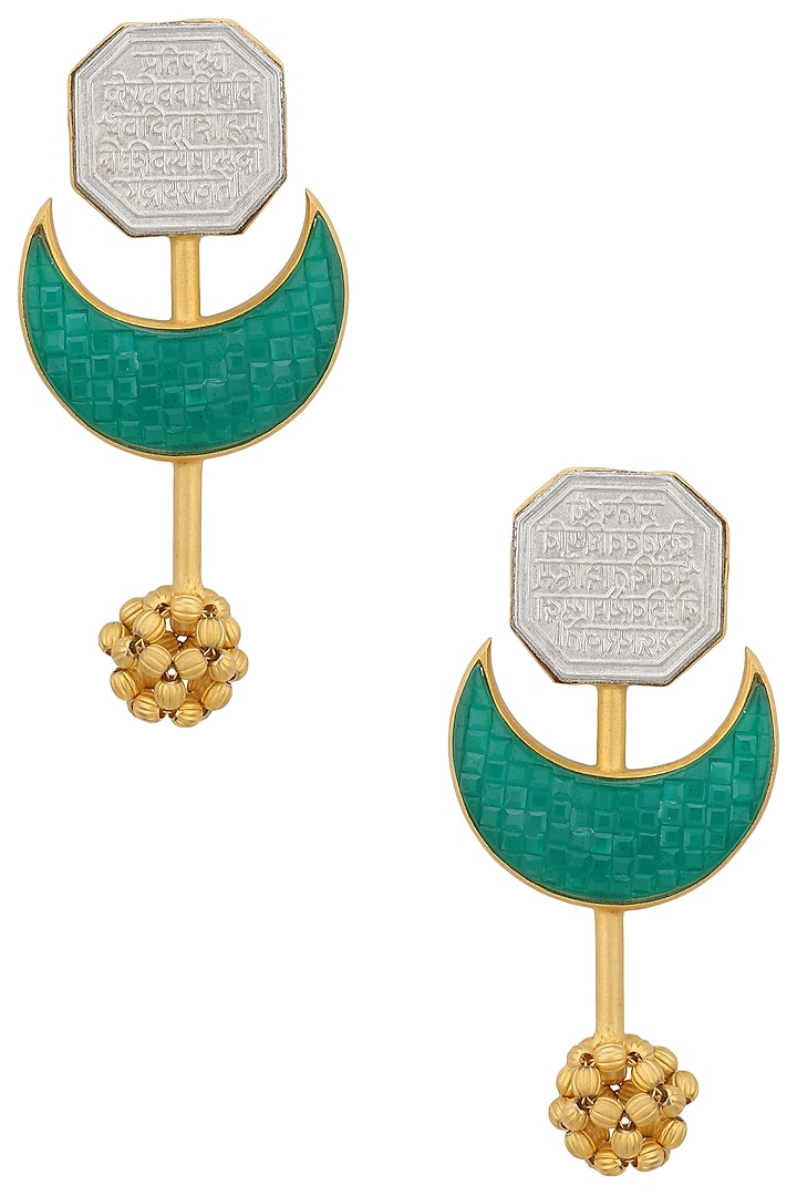 Gold Plated Crescent Green Stone Earrings by Trupti Mohta