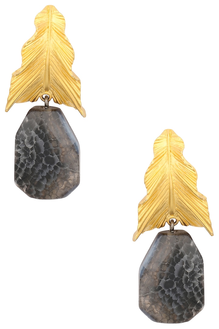 Gold Plated Textured Leaf Drop Earrings by Trupti Mohta