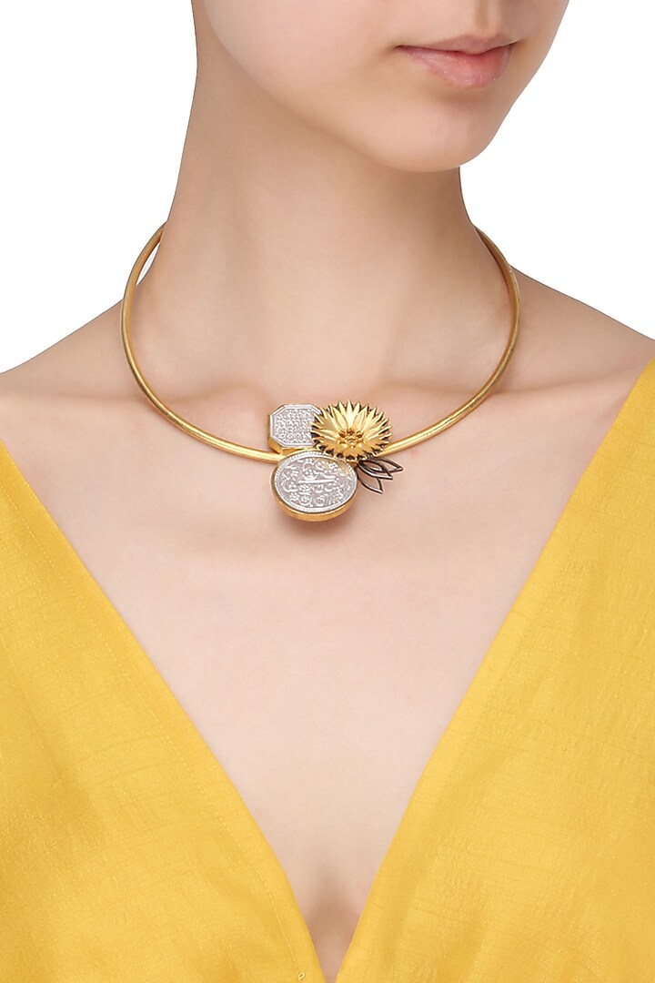 Gold plated abstract disc choker necklace available only at Pernia's Pop Up Shop.