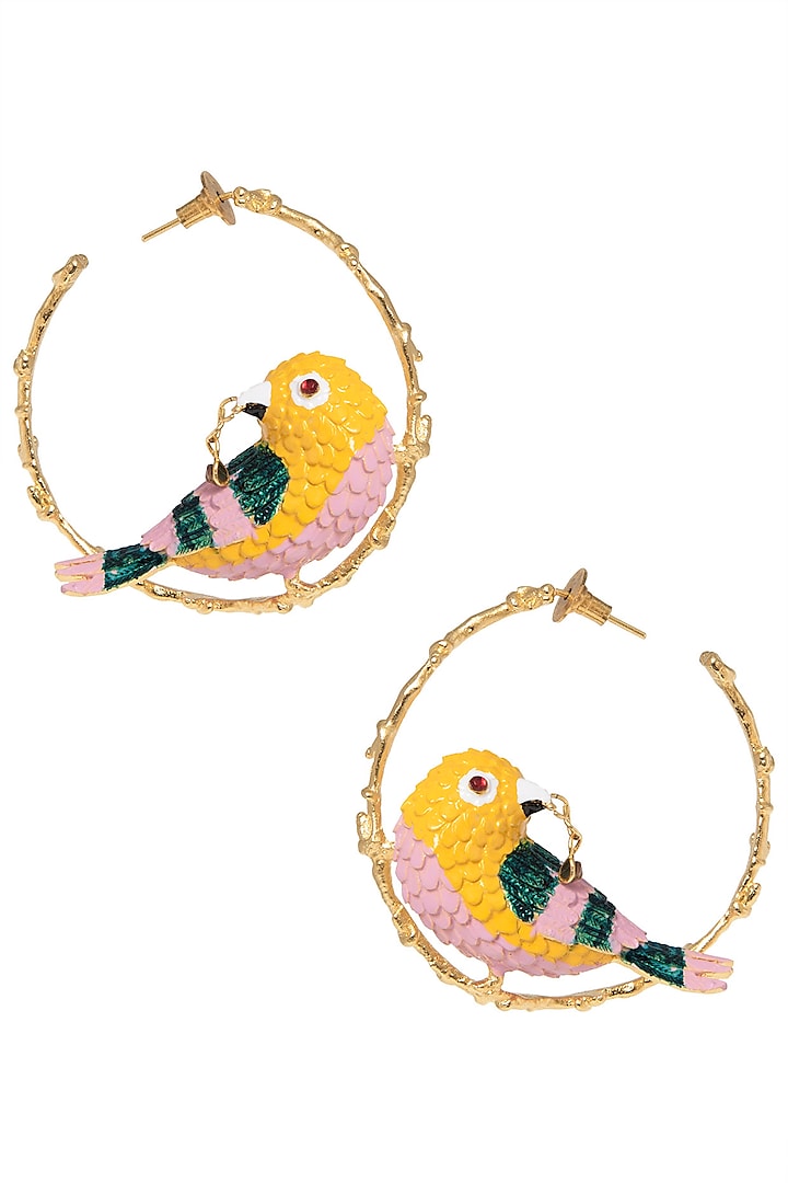 Gold Plated Meena Work Bird Hoop Earrings by Trupti Mohta
