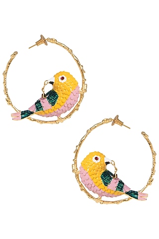 Gold Plated Meena Work Bird Hoop Earrings by Trupti Mohta