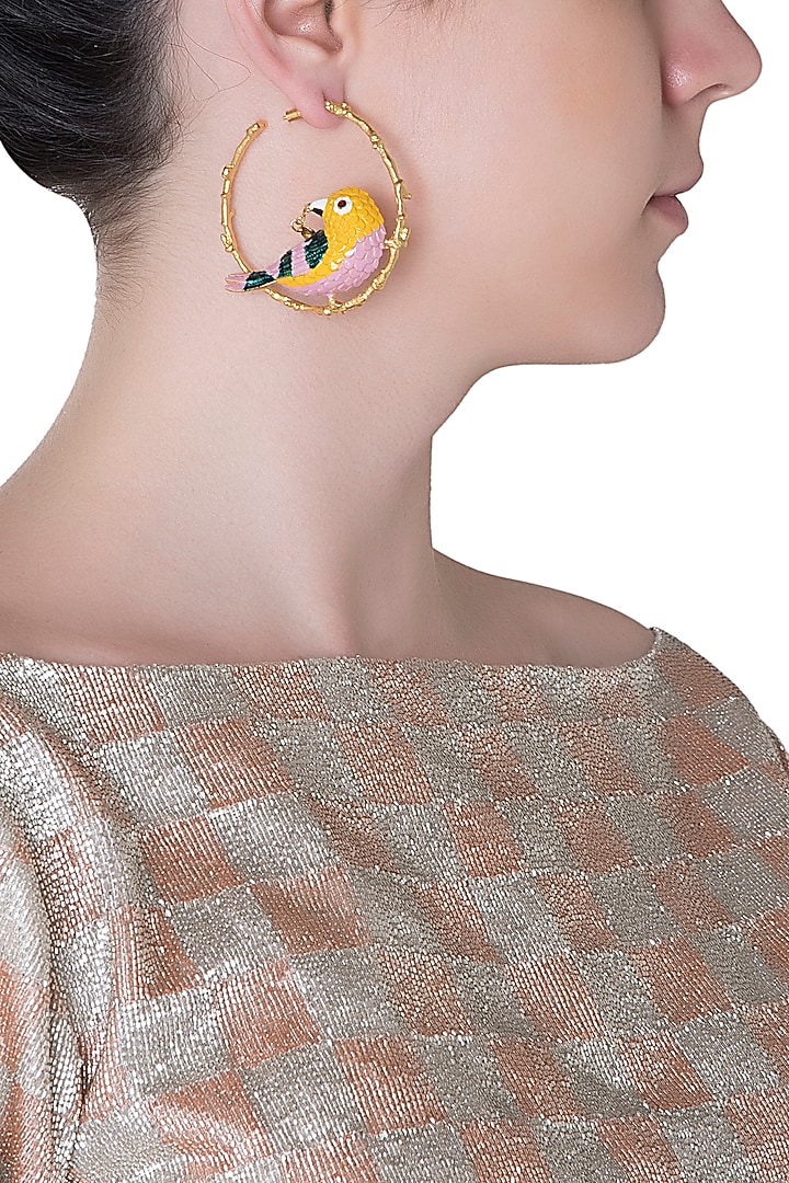 GOLD PLATED MEENA WORK BIRD HOOP EARRINGS available only at Pernia's Pop Up Shop.