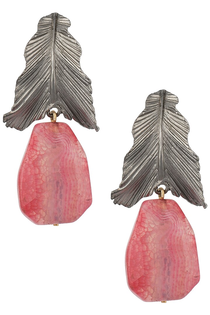 Silver Plated Pink Stone Drop Leaf Shaped Earrings by Trupti Mohta