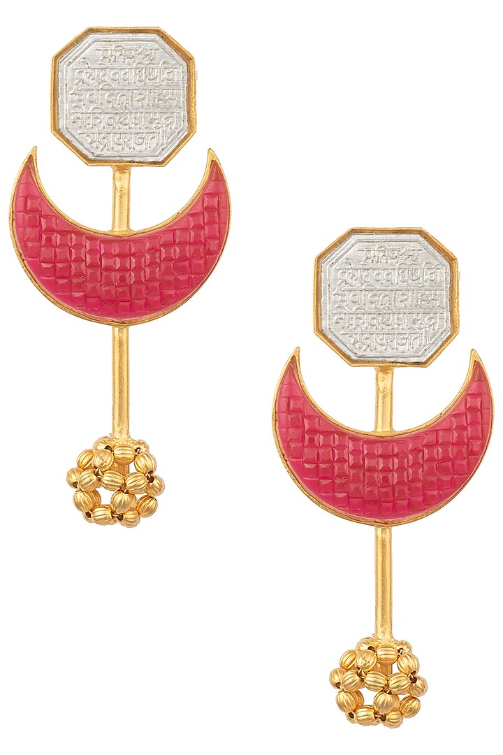 Gold and Silver Dual Plated Red Stone Crescent Earrings by Trupti Mohta