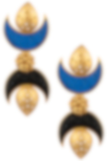 Gold Plated Black and Blue Stone Double Crescent Earrings by Trupti Mohta