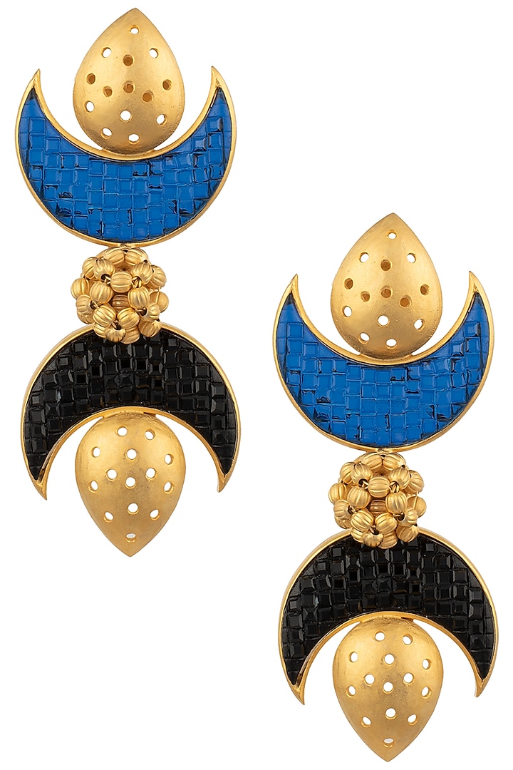 Gold Plated Black and Blue Stone Double Crescent Earrings by Trupti Mohta