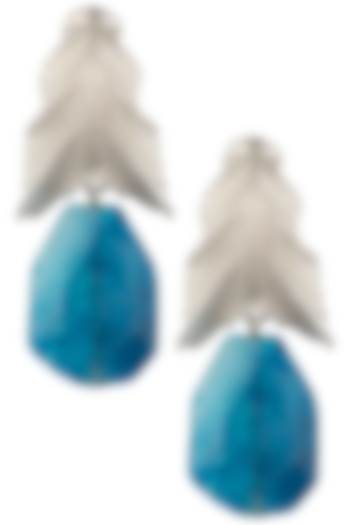 Silver Plated Blue Stone Drop Leaf Shaped Earrings by Trupti Mohta