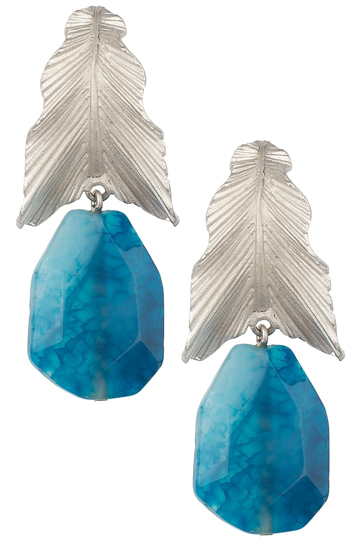 Silver Plated Blue Stone Drop Leaf Shaped Earrings by Trupti Mohta