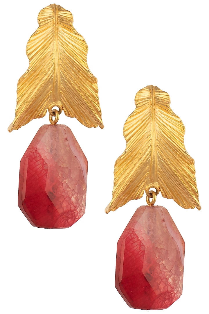Gold Plated Pink Stone Drop Leaf Shaped Earrings by Trupti Mohta