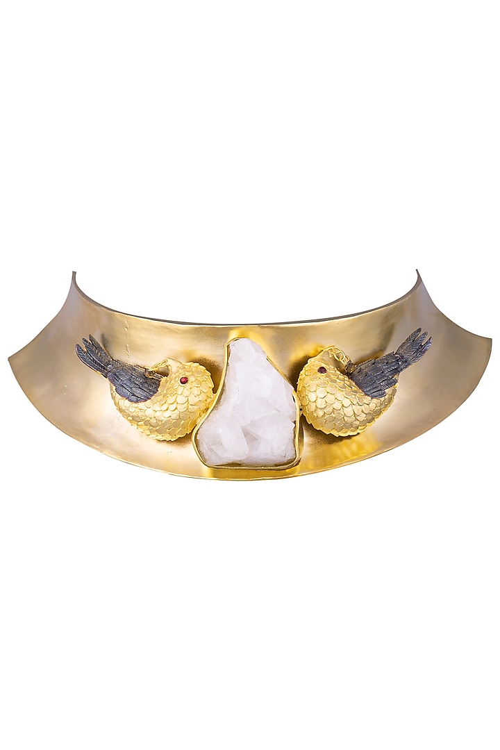 Gold Plated Bird Motif White Stone Choker Necklace by Trupti Mohta